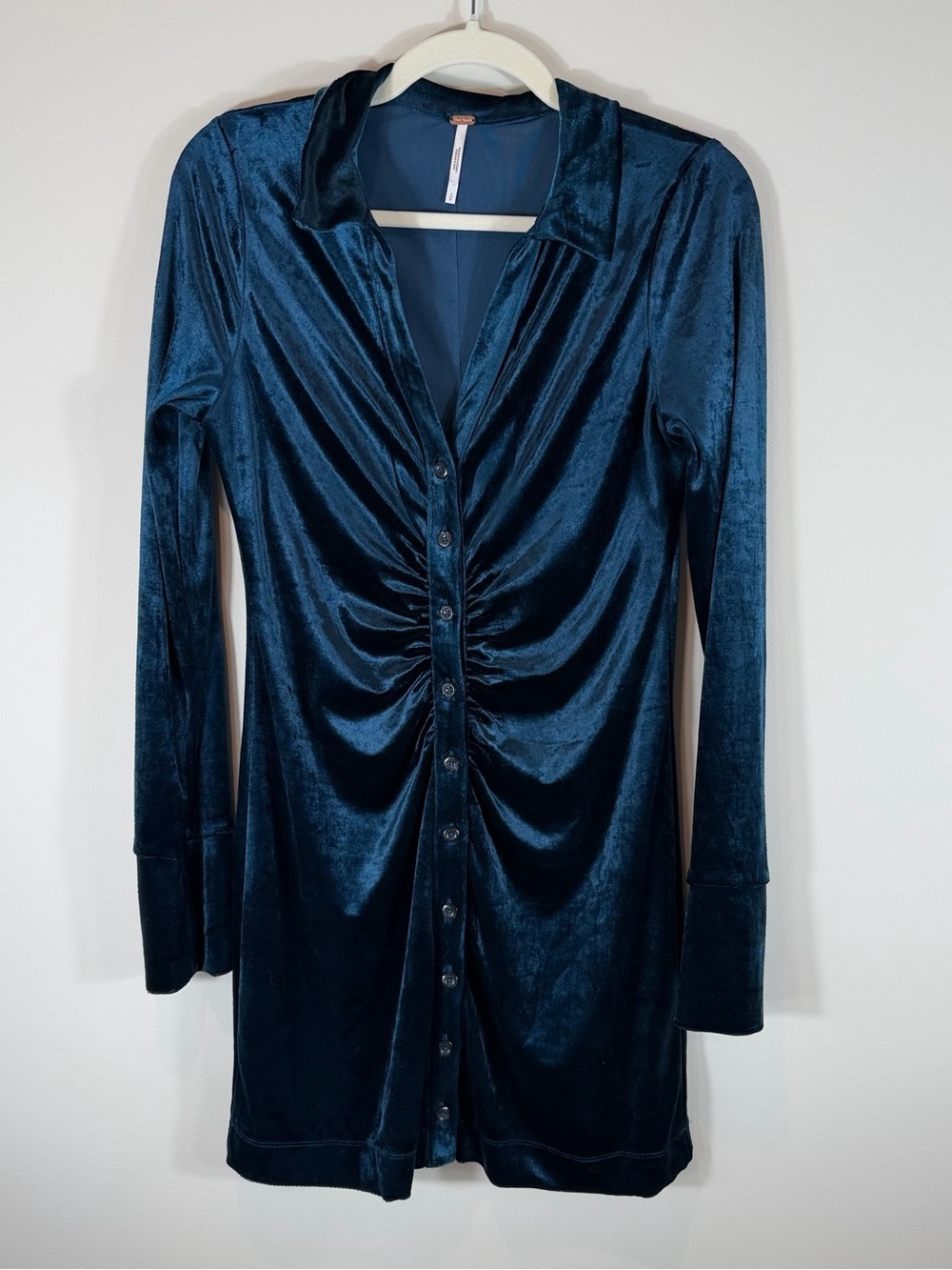 Free People Shayla Velvet Button-Front Ruched Long Sleeve Dress Size Small